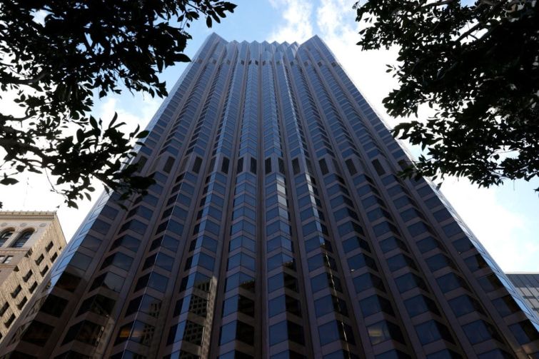 A view of the 555 California Street Building on February 12, 2021 in San Francisco, California.