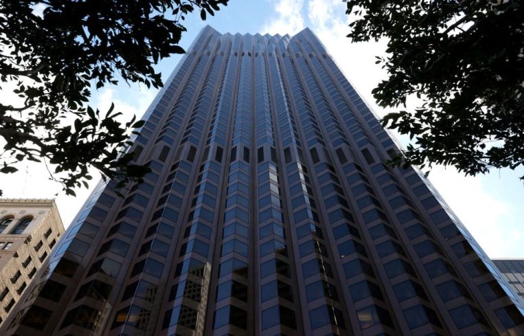 A view of the 555 California Street Building on February 12, 2021 in San Francisco, California.