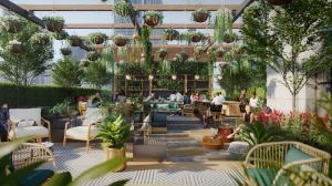 A rendering of the roof of the Trust Building in downtown L.A, covered in plants and calming decor.