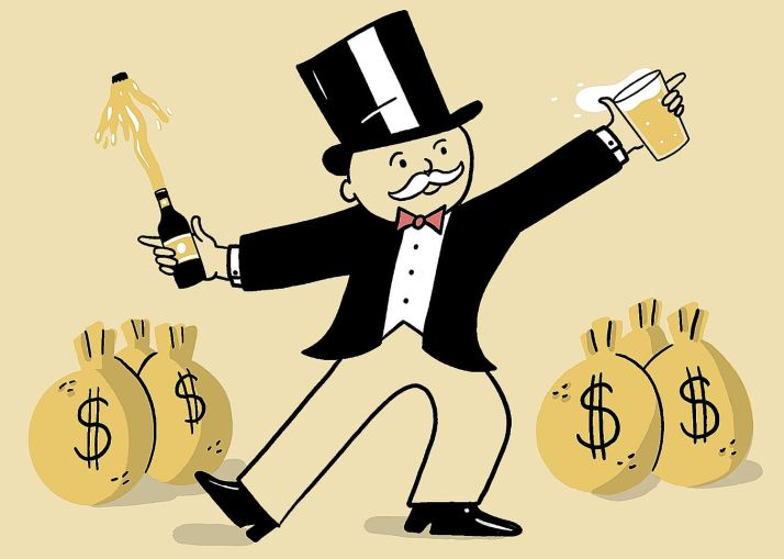 An illustration of a man in a top hat holding a beer and surrounded by bags of money.