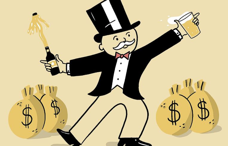 An illustration of a man in a top hat holding a beer and surrounded by bags of money.