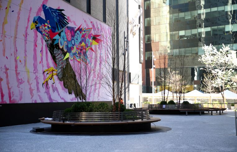 Street artist Vexta painted a mural in Fisher Brothers' privately owned public space next to 1345 Avenue of the Americas.