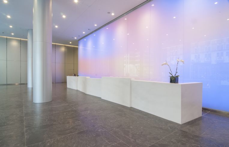 The new lobby includes a color-changing LED wall.