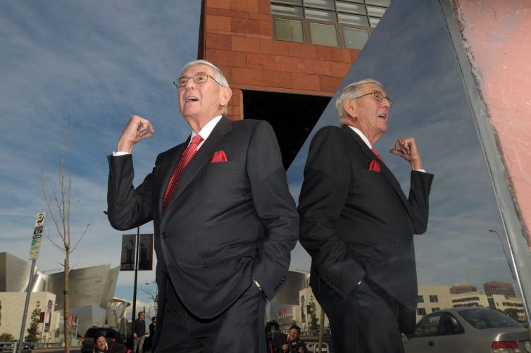 Eli Broad in front of MOCA after a press conference when trustees, local philanthropists and city leaders announced a plan to improve the museum's finances.