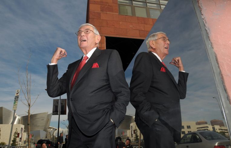 Eli Broad in front of MOCA after a press conference when trustees, local philanthropists and city leaders announced a plan to improve the museum's finances.