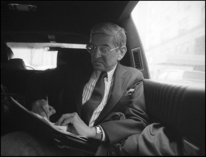 Billionaire Eli Broad riding in his limousine in New York City in February 1986.