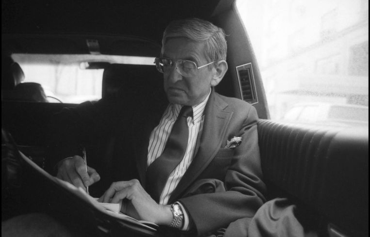 Billionaire Eli Broad riding in his limousine in New York City in February 1986.