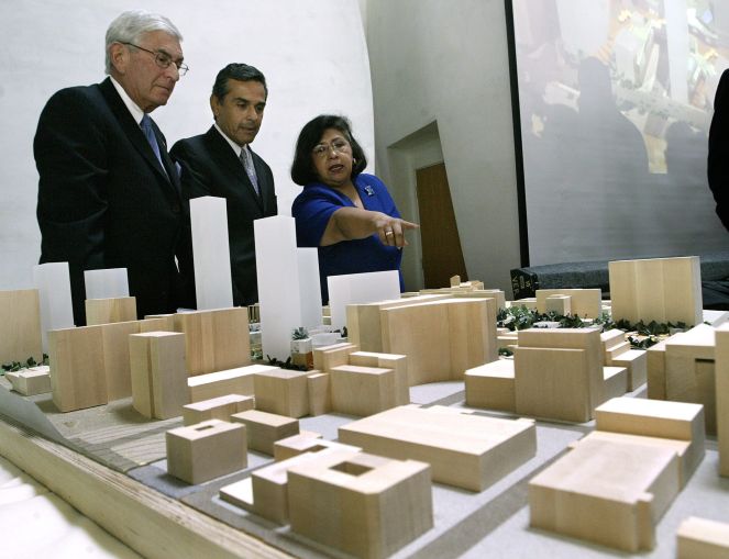 Looking at a model for the Grand Avenue project inside the Walt Disney Concert Hall: Eli Broad, chairman of the Grand Avenue Committee, with then-Mayor-Elect Antonio Villaraigosa, and L.A. County Supervisor Gloria Molina, Chair of the L.A. Grand Avenue Authority. The authority voted unanimously to approve the master plan by the Related Companies. The development covered a 16-acre civic park with up to 3.5 million square feet of development on nine acres in Downtown L.A.