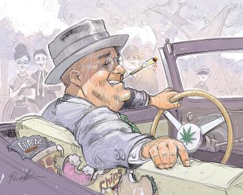 A cartoon of a man smoking a joint.