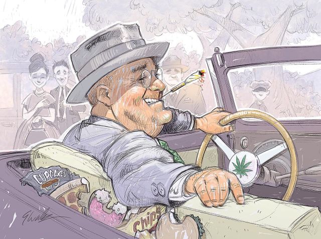 A cartoon of a man smoking a joint.