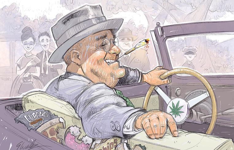 A cartoon of a man smoking a joint.