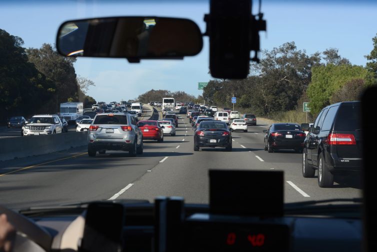 Automobiles crowd the 101 Highway leading into San Francisco.