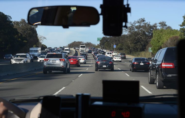 Automobiles crowd the 101 Highway leading into San Francisco.