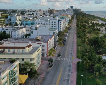 In this aerial view from a drone, desolate Ocean Drive is seen after most visitors have checked out of their hotels on March 24, 2020 in Miami Beach, Florida.