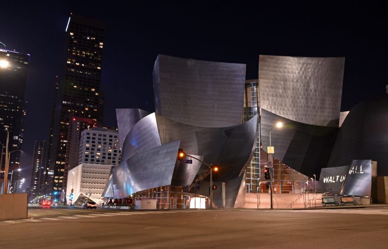 The Walt Disney Concert Hall in front of The Broad museum in Downtown Los Angeles in April 2020.