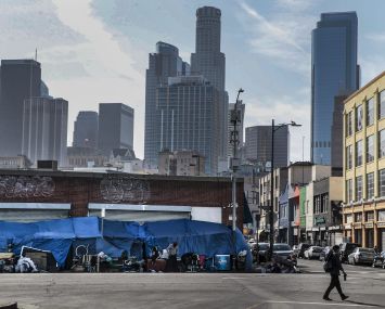 Tents lined up on San Pedro on Skid Row in April 2021.