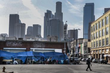 Tents lined up on San Pedro on Skid Row in April 2021.