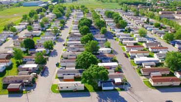 A aerial view of a mobile home park.