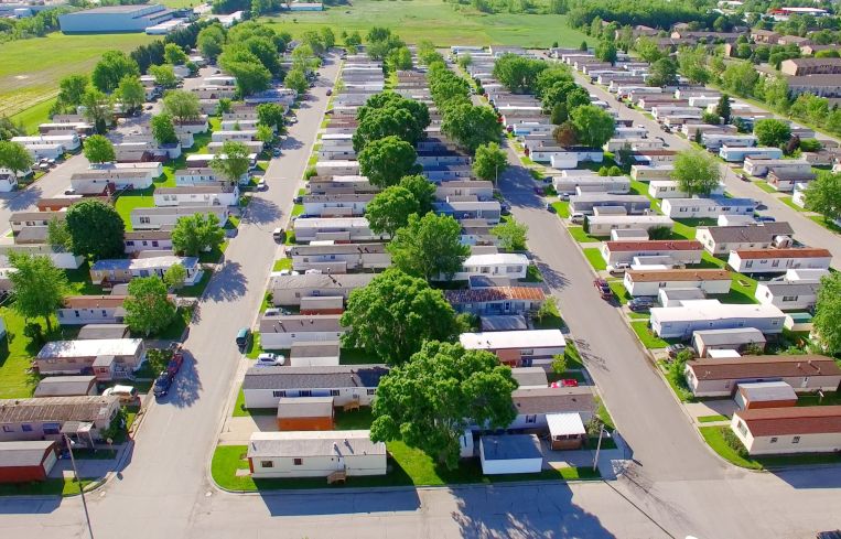 A aerial view of a mobile home park.