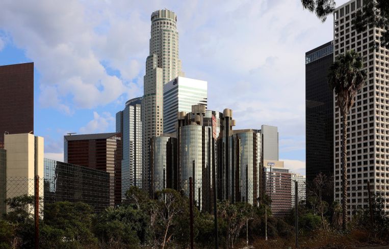 U.S. Bank Tower rises high above other downtown buildings in Los Angeles.
