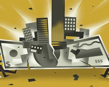Money and buildings pulled apart by two people