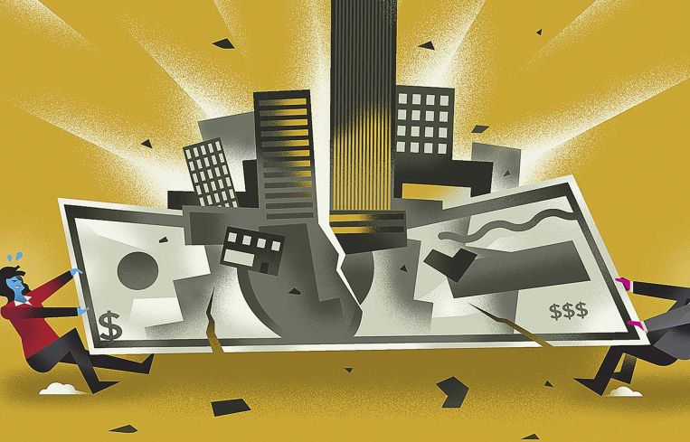 Money and buildings pulled apart by two people