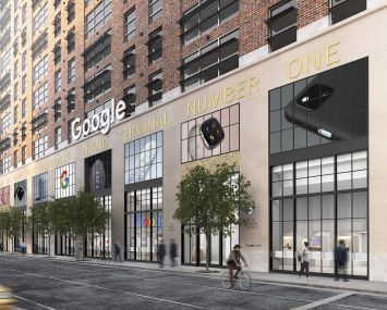 A rendering of Google's planned store in Chelsea. It's a tan building with big windows and images of Google products above them.