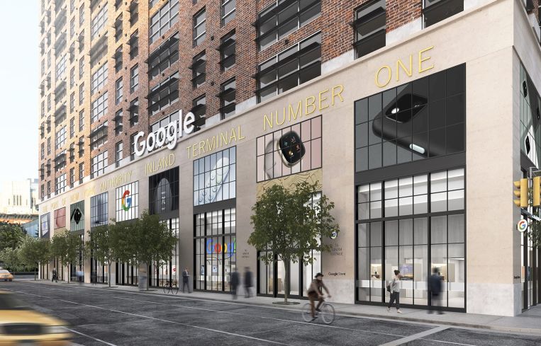 A rendering of Google's planned store in Chelsea. It's a tan building with big windows and images of Google products above them.