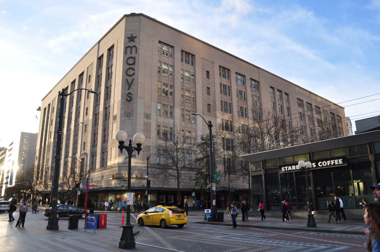 The landmarked former Macy's building at 300 Pine Street in Downtown Seattle.