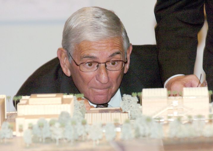 Eli Broad checks out architect Renzo Piano's model of the Los Angeles County Museum of Art (LACMA) complex in March 2005. It was announced in March 2005 that $156 million has been raised to transform the arts experience of LACMA to cultural prominence in the Western United States.
