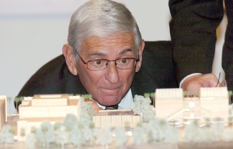Eli Broad checks out architect Renzo Piano's model of the Los Angeles County Museum of Art (LACMA) complex in March 2005. It was announced in March 2005 that $156 million has been raised to transform the arts experience of LACMA to cultural prominence in the Western United States.