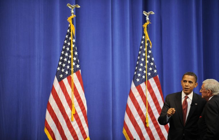 Then-Democratic presidential candidate and U.S. Senator Barack Obama talks with The Broad Foundation's founder, Eli Broad, during an economic competitiveness summit in June 2008.