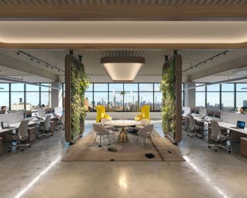 The Brooklyn Navy Yard created lush renderings for a potential buildout of the top floor of the new Building 303 in hopes of luring new creative office tenants to the yard.