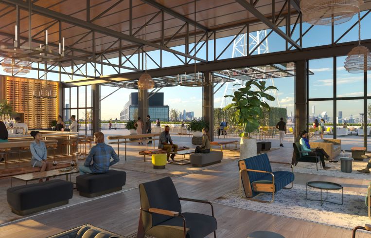 The 16th floor of Building 77 includes a penthouse floor with a large terrace that could be built out with a retractable garage door.
