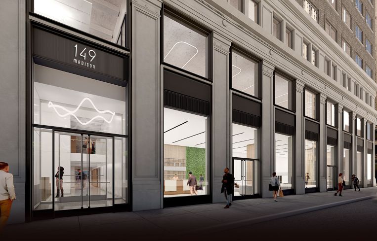 The first two floors of the facade are being redone to create larger windows and a new lobby with two entrances.