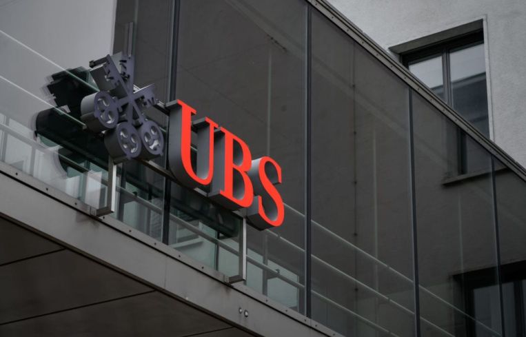 This photograph taken on March 3, 2021 in Zurich shows a sign of Swiss banking giant UBS on their headquarters.