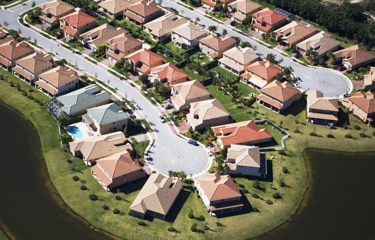 An aerial view of a residential housing development.