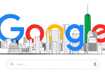 An illustration of the word "Google" around buildings.