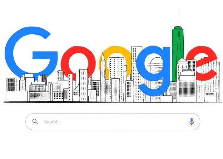 An illustration of the word "Google" around buildings.