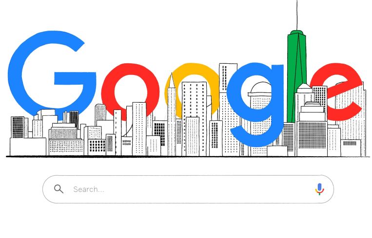 An illustration of the word "Google" around buildings.