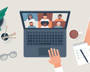 Flat vector illustration of person at desk using computer for video call