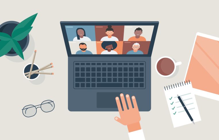 Flat vector illustration of person at desk using computer for video call