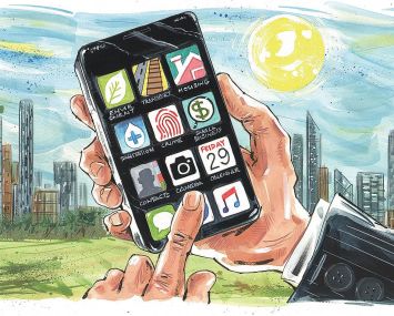 Illustration of someone using a smartphone with apps.