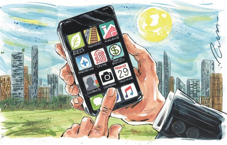 Illustration of someone using a smartphone with apps.