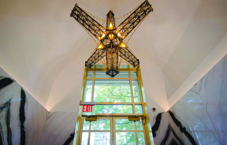 Nilson also created this chandelier for the lobby in the shape of pieces of the Williamsburg Bridge.