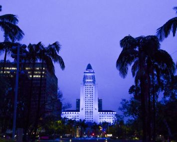 Los Angeles City Hall is bathed in blue lighting as part of the #LightItBlue for health workers movement on April 09, 2020.