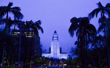 Los Angeles City Hall is bathed in blue lighting as part of the #LightItBlue for health workers movement on April 09, 2020.