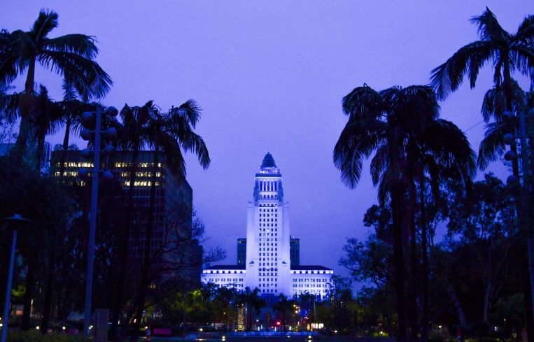 Los Angeles City Hall is bathed in blue lighting as part of the #LightItBlue for health workers movement on April 09, 2020.