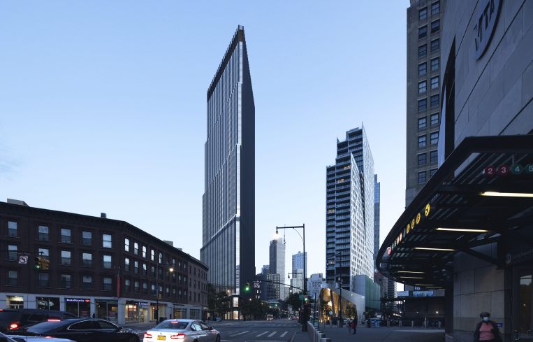 A rendering that shows a view of the Alloy Block development from Atlantic Terminal in Downtown Brooklyn.