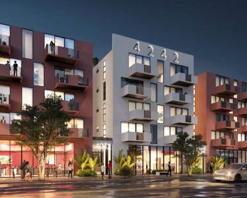 Renderings of a planned mixed-use project with 124 apartment units